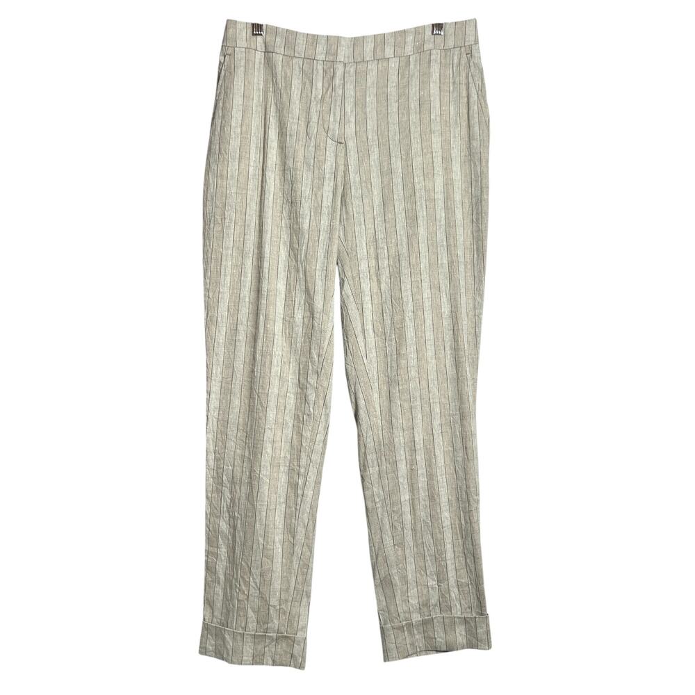 Lorena Antoniazzi Striped Linen Blend Pants SIZE 44 Gray Cuffed Relaxed Italy